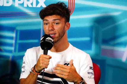 May 6, 2022; Miami Gardens, Florida, USA; AlphaTauri driver Pierre Gasly of France talks with the media during a press conference before their practice session for the Miami Grand Prix at Miami International Autodrome. Mandatory Credit: John David Mercer-USA TODAY Sports