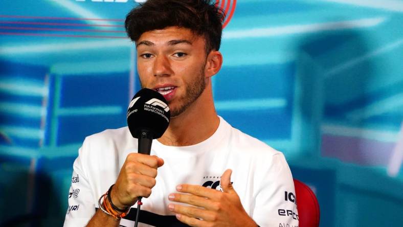 May 6, 2022; Miami Gardens, Florida, USA; AlphaTauri driver Pierre Gasly of France talks with the media during a press conference before their practice session for the Miami Grand Prix at Miami International Autodrome. Mandatory Credit: John David Mercer-USA TODAY Sports