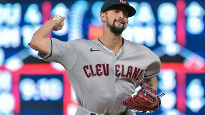 May 14, 2022; Minneapolis, Minnesota, USA;  Cleveland Guardians relief pitcher Nick Sandlin (52) throws a pitch against the Minnesota Twins during the ninth inning at Target Field. Mandatory Credit: Jeffrey Becker-USA TODAY Sports