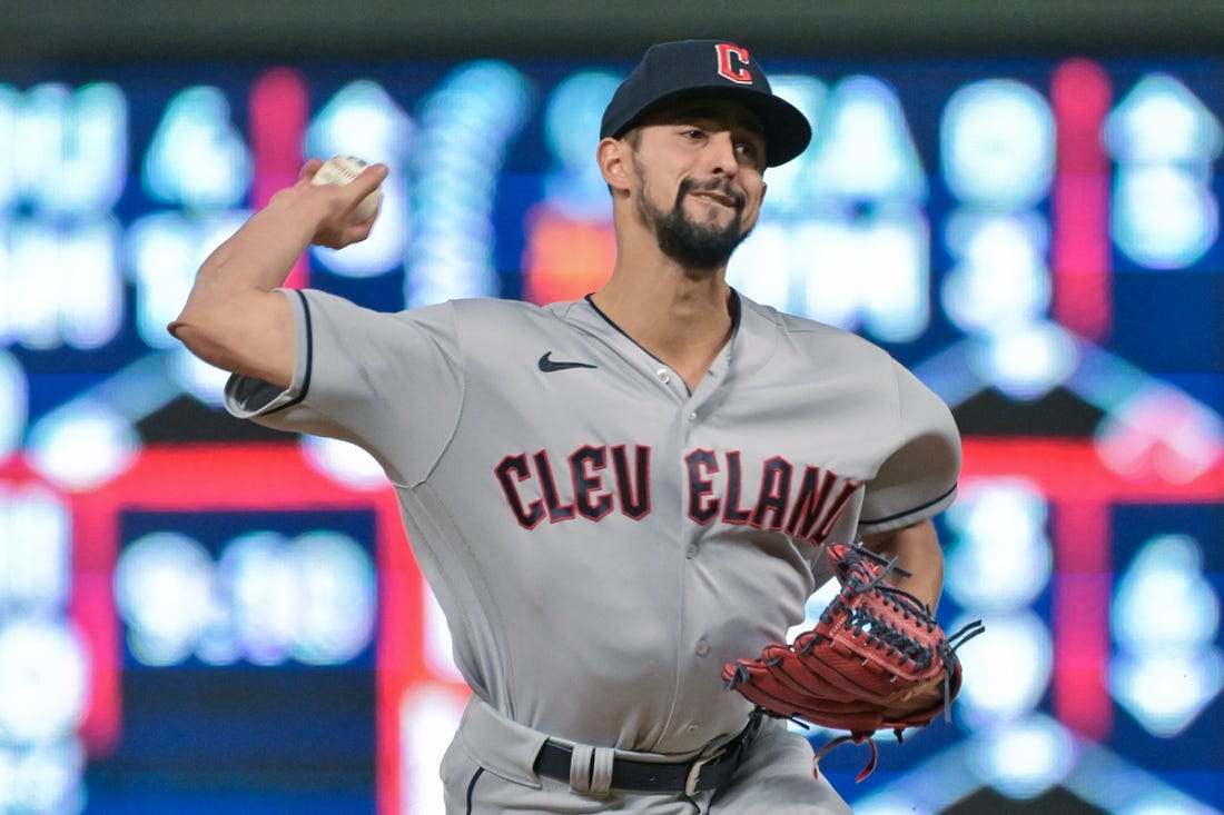 May 14, 2022; Minneapolis, Minnesota, USA;  Cleveland Guardians relief pitcher Nick Sandlin (52) throws a pitch against the Minnesota Twins during the ninth inning at Target Field. Mandatory Credit: Jeffrey Becker-USA TODAY Sports