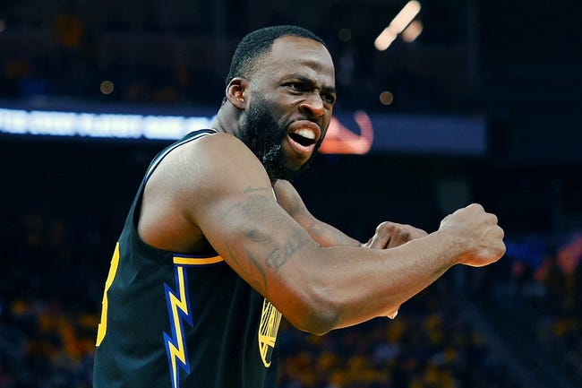 May 26, 2022; San Francisco, California, USA; Golden State Warriors forward Draymond Green (23) reacts after a play against the Dallas Mavericks during the second half of game five of the 2022 western conference finals at Chase Center. Mandatory Credit: Kelley L Cox-USA TODAY Sports