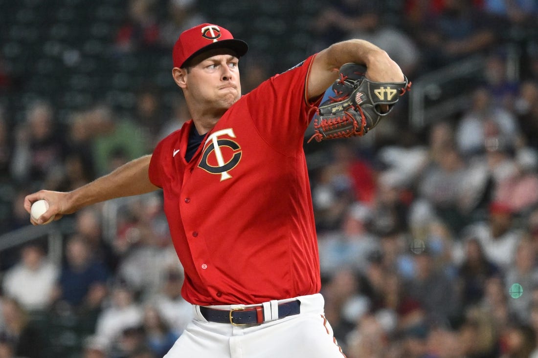 May 27, 2022; Minneapolis, Minnesota, USA; Minnesota Twins relief pitcher Trevor Megill (58) delivers a pitch against the Kansas City Royals during the fifth inning at Target Field. Mandatory Credit: Nick Wosika-USA TODAY Sports