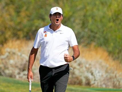 May 30, 2022; Scottsdale, Arizona, USA; Eugenio Lopez-Chacarra of Oklahoma State reacts after making his putt on the 10th hole during the final round of the NCAA DI Mens Golf Championship at Grayhawk Golf Club - Raptor Course. Mandatory Credit: Rob Schumacher-Arizona Republic

Golf Ncaa Di Mens Golf Championship