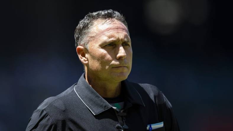 Apr 27, 2022; Phoenix, Arizona, USA; MLB umpire Dan Iassogna during the Arizona Diamondbacks game against the Los Angeles Dodgers at Chase Field. Mandatory Credit: Mark J. Rebilas-USA TODAY Sports