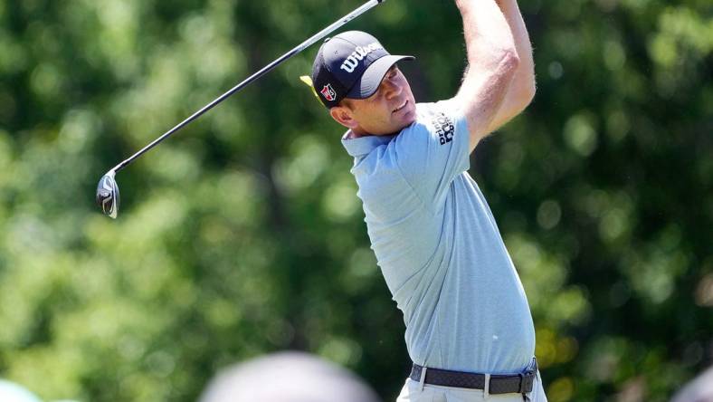 Jun 5, 2022; Dublin, Ohio, USA; Brendan Steele watches his tee shot on the 5th hole during the Final Round of the Memorial Tournament at Muirfield Village Golf Club in Dublin, Ohio on June 5, 2022.

Pga Final Round Memorial Tournament