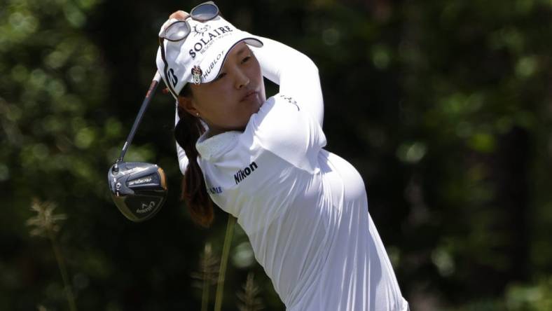 Jun 5, 2022; Southern Pines, North Carolina, USA; Jin Young Ko hits a tee shot on the second hole during the final round of the U.S. Women's Open. Mandatory Credit: Geoff Burke-USA TODAY Sports