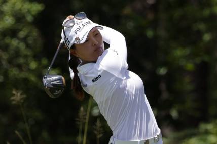 Jun 5, 2022; Southern Pines, North Carolina, USA; Jin Young Ko hits a tee shot on the second hole during the final round of the U.S. Women's Open. Mandatory Credit: Geoff Burke-USA TODAY Sports