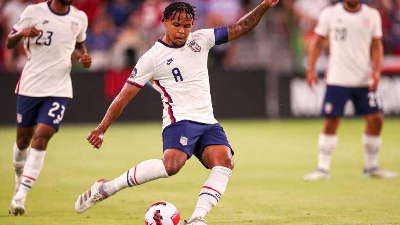 United States midfielder Weston McKennie (8) shoots the ball during the match against Grenada at Q2 Stadium in Austin, Texas on June 10, 2022.

Aem Usmnt Vs Grenada 061022 18