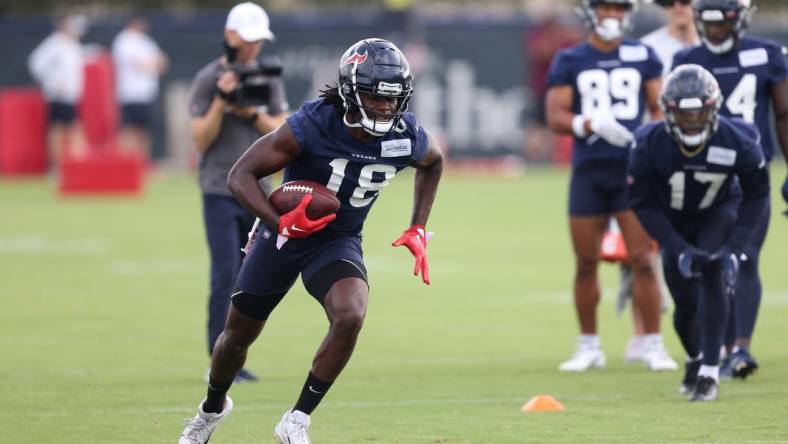 Jun 14, 2022; Houston, Texas, USA;  Houston Texans wide receiver Chris Conley (18) practices reception drills at minicamp at NRG Stadium. Mandatory Credit: Thomas Shea-USA TODAY Sports