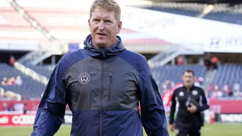 Jun 29, 2022; Chicago, Illinois, USA; Philadelphia Union head coach Jim Curtin before the game against the Chicago Fire at Soldier Field. Mandatory Credit: Mike Dinovo-USA TODAY Sports