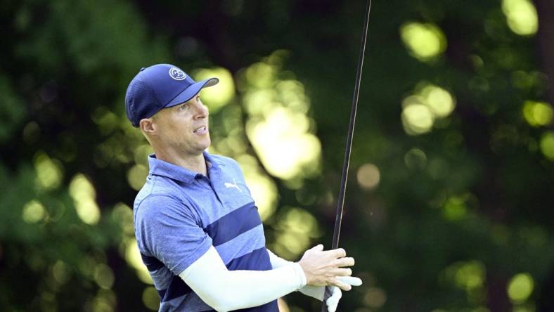 Jun 30, 2022; Silvis, Illinois, USA; Ben Crane of Portland Oregon hits his tee shot on the sixth hole during the first round of the John Deere Classic golf tournament. Mandatory Credit: Marc Lebryk-USA TODAY Sports