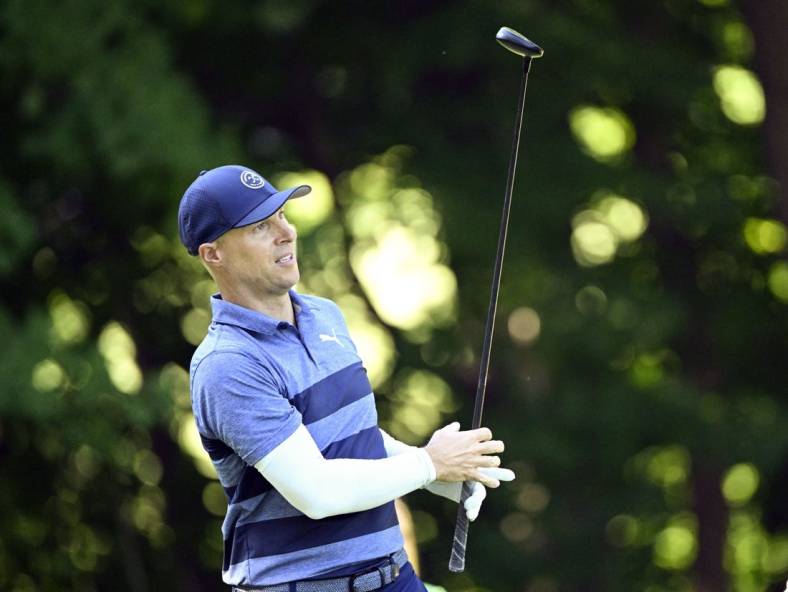 Jun 30, 2022; Silvis, Illinois, USA; Ben Crane of Portland Oregon hits his tee shot on the sixth hole during the first round of the John Deere Classic golf tournament. Mandatory Credit: Marc Lebryk-USA TODAY Sports