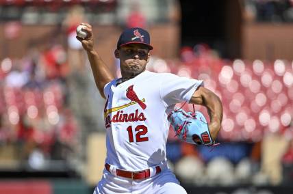 Jul 10, 2022; St. Louis, Missouri, USA;  St. Louis Cardinals relief pitcher Jordan Hicks (12) pitches against the Philadelphia Phillies during the eighth inning at Busch Stadium. Mandatory Credit: Jeff Curry-USA TODAY Sports