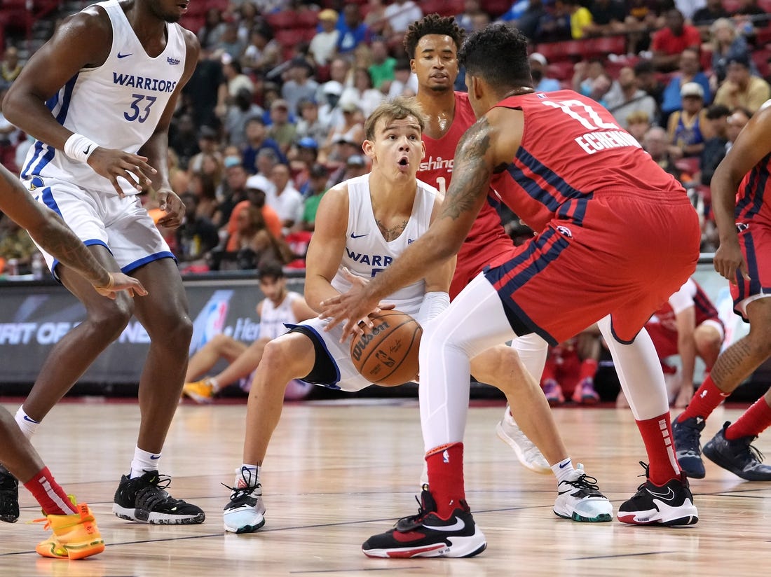 Jul 17, 2022; Las Vegas, NV, USA; Golden State Warriors guard Mac McClung (55) looks to shoot past Washington Wizards center Jaime Echenique (12) during a NBA Summer League game at Thomas & Mack Center. Mandatory Credit: Stephen R. Sylvanie-USA TODAY Sports