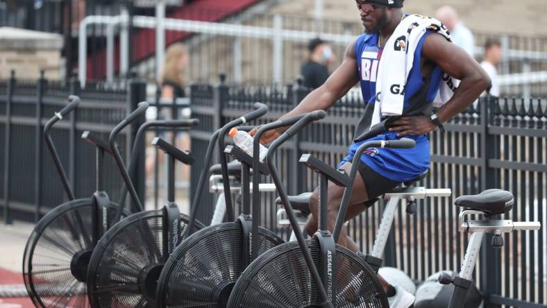 Buffalo cornerback Tre'Davious White hits the stationary bikes as he works his way back from an injury, on the opening day of the Buffalo Bills training camp at St. John Fisher University in Rochester Sunday, July 24, 2022.

Sd 072422 Bills Camp 5 Spts