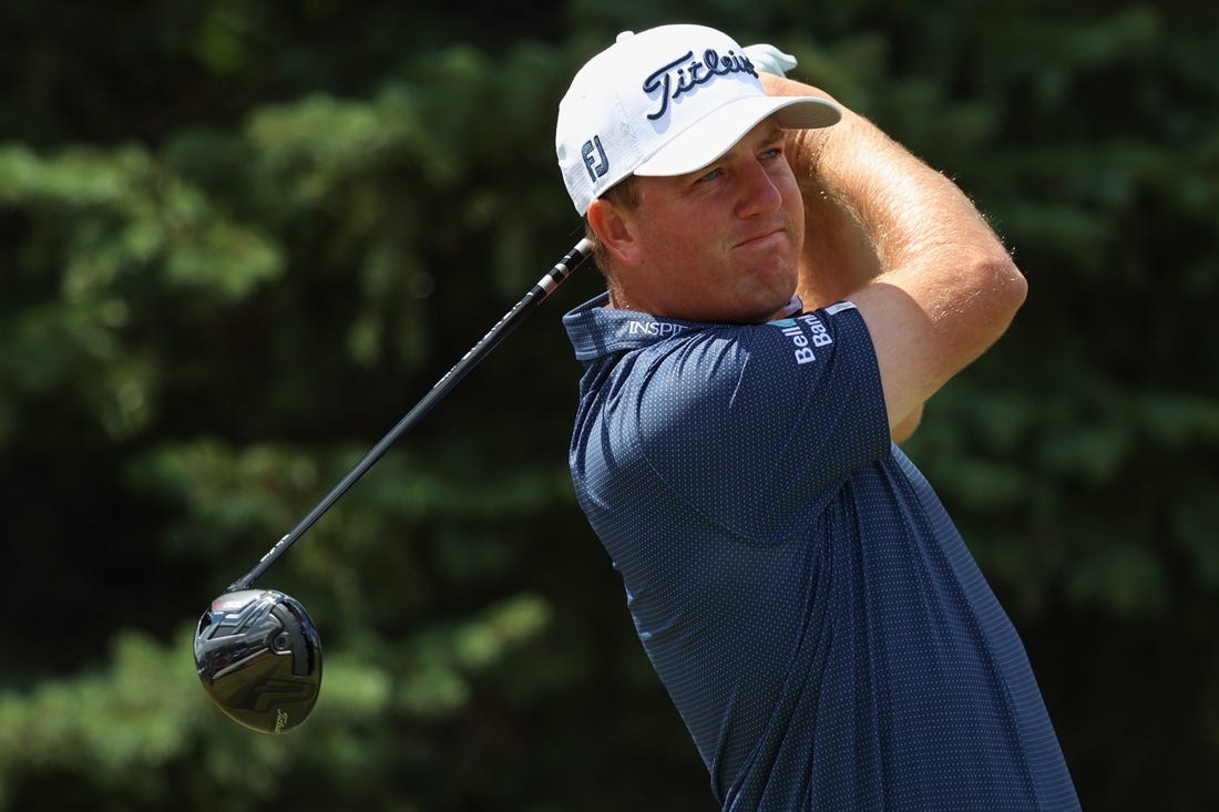 Jul 24, 2022; Blaine, Minnesota, USA; Tom Hoge drives on the second hole during the final round of the 3M Open golf tournament. Mandatory Credit: Matt Krohn-USA TODAY Sports