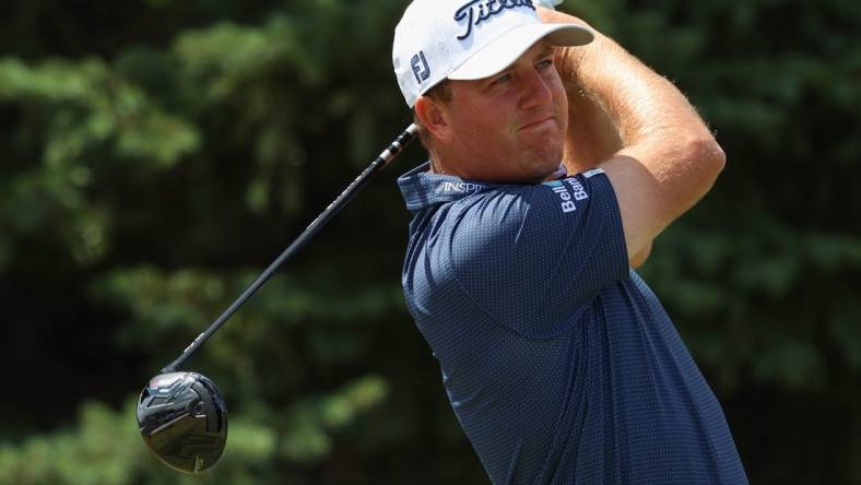 Jul 24, 2022; Blaine, Minnesota, USA; Tom Hoge drives on the second hole during the final round of the 3M Open golf tournament. Mandatory Credit: Matt Krohn-USA TODAY Sports