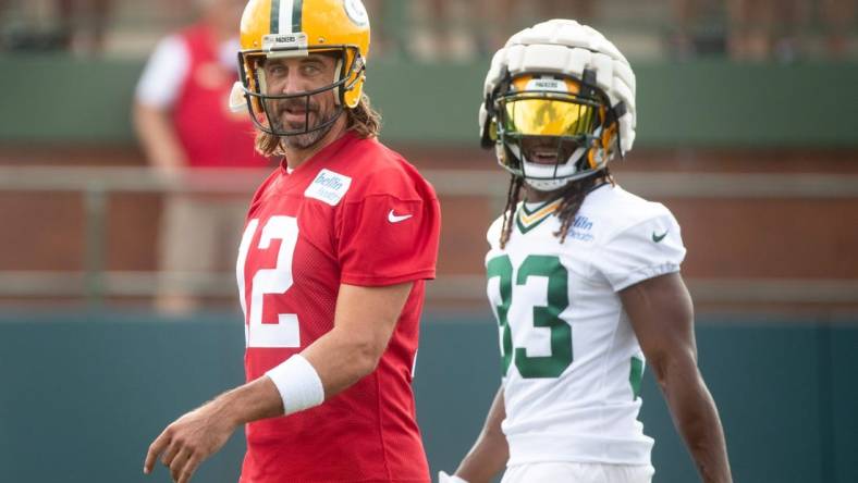 Green Bay Packers quarterback Aaron Rodgers (12) and running back Aaron Jones (33) laugh during the Green Bay Packers training camp on Wednesday, July 27, 2022, at Ray Nitschke Field in Ashwaubenon, Wisconsin. Samantha Madar/USA TODAY NETWORK-Wis.

Gpg Green Bay Packers Training Camp Day 1 07272022 0001