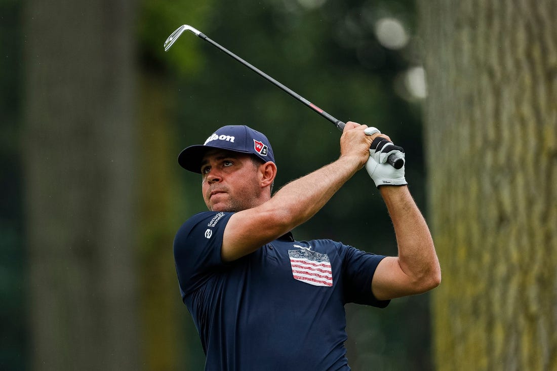 Gary Woodland tees for the 5th during Round 1 of the Rocket Mortgage Classic at the Detroit Golf Club in Detroit on Thurs., July 28, 2022.