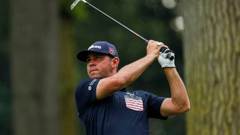 Gary Woodland tees for the 5th during Round 1 of the Rocket Mortgage Classic at the Detroit Golf Club in Detroit on Thurs., July 28, 2022.