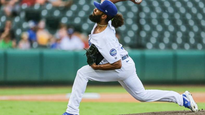 Andre Jackson (24) pitches as the Oklahoma City Dodgers face the Sugar Land Space Cowboys at Chickasaw Bricktown Ballpark in Downtown Oklahoma City on Wednesday, July 27, 2022.

Okc Dodgers 3