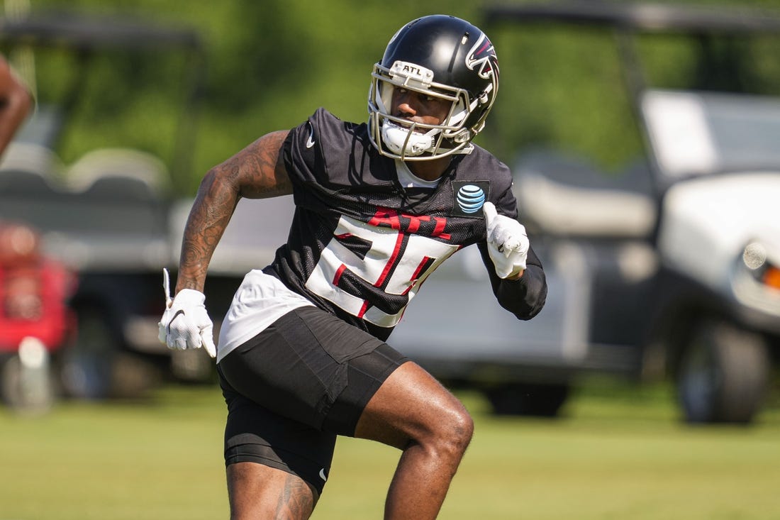 Jul 29, 2022; Flowery Branch, GA, USA; Atlanta Falcons cornerback Casey Hayward (29) runs during training camp at IBM Performance Field. Mandatory Credit: Dale Zanine-USA TODAY Sports