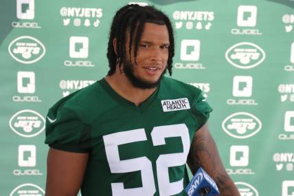 Jermaine Johnson answers questions after practice. Jet Fan Fest took place at the 2022 New York Jets Training Camp in Florham Park, NJ on July 30, 2022.

Jet Fan Fest Took Place At The 2022 New York Jets Training Camp In Florham Park Nj On July 30 2022