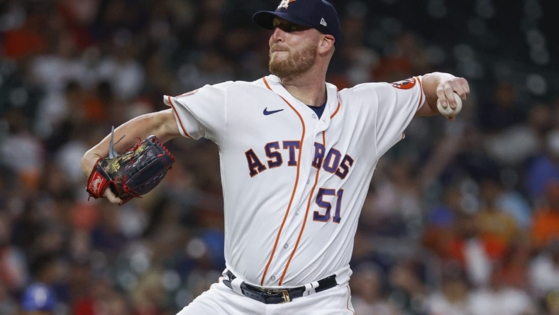 Aug 9, 2022; Houston, Texas, USA; Houston Astros relief pitcher Will Smith (51) delivers a pitch during the sixth inning against the Texas Rangers at Minute Maid Park. Mandatory Credit: Troy Taormina-USA TODAY Sports