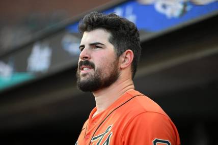 Aug 12, 2022; San Francisco, California, USA; San Francisco Giants starting pitcher Carlos Rodon (16) watches from the home team dugout against the Pittsburgh Pirates during the bottom of the second inning at Oracle Park. Mandatory Credit: Robert Edwards-USA TODAY Sports