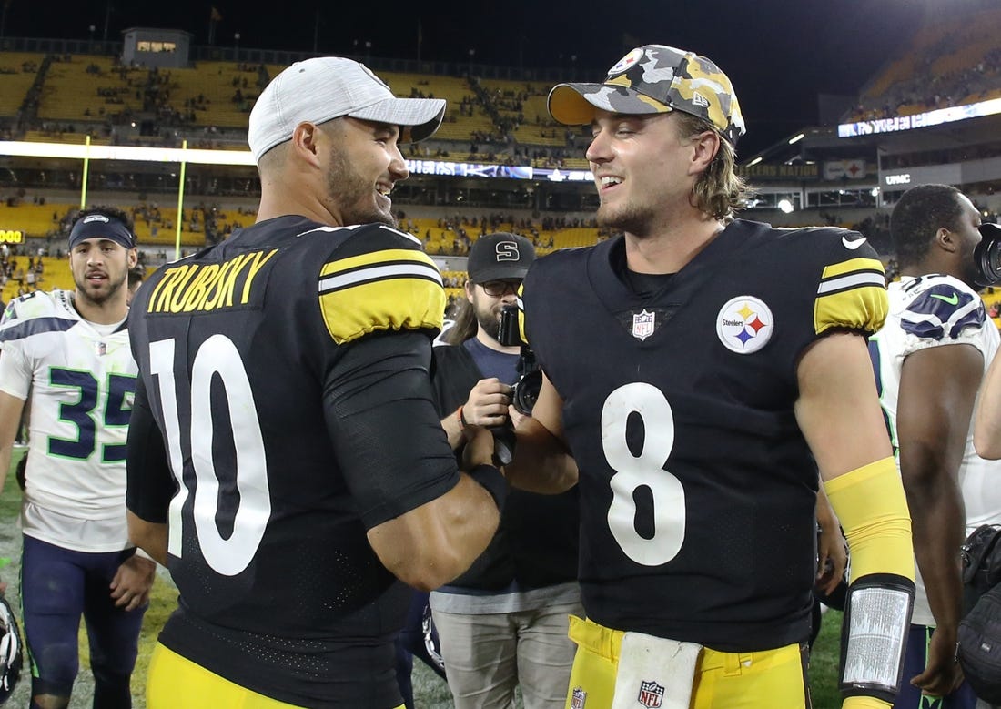 Aug 13, 2022; Pittsburgh, Pennsylvania, USA;  Pittsburgh Steelers quarterbacks Mitch Trubisky (10) and Kenny Pickett (8) celebrate after defeating the Seattle Seahawks at Acrisure Stadium. The Steelers won 32-25. Mandatory Credit: Charles LeClaire-USA TODAY Sports