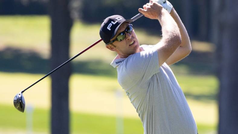 Aug 18, 2022; Wilmington, Delaware, USA; Seamus Power plays his shot from the third tee during the first round of the BMW Championship golf tournament. Mandatory Credit: Bill Streicher-USA TODAY Sports