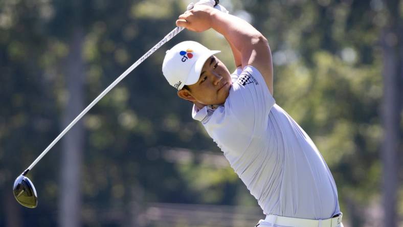 Aug 18, 2022; Wilmington, Delaware, USA; Joohyung Kim plays his shot from the third tee during the first round of the BMW Championship golf tournament. Mandatory Credit: Bill Streicher-USA TODAY Sports