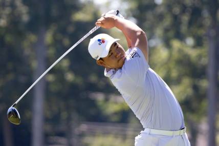 Aug 18, 2022; Wilmington, Delaware, USA; Joohyung Kim plays his shot from the third tee during the first round of the BMW Championship golf tournament. Mandatory Credit: Bill Streicher-USA TODAY Sports