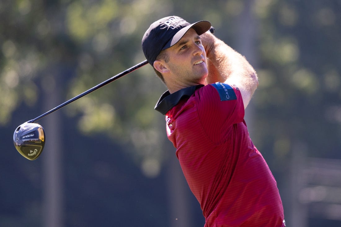 Aug 19, 2022; Wilmington, Delaware, USA; Denny McCarthy plays his shot from the third tee during the second round of the BMW Championship golf tournament. Mandatory Credit: Bill Streicher-USA TODAY Sports