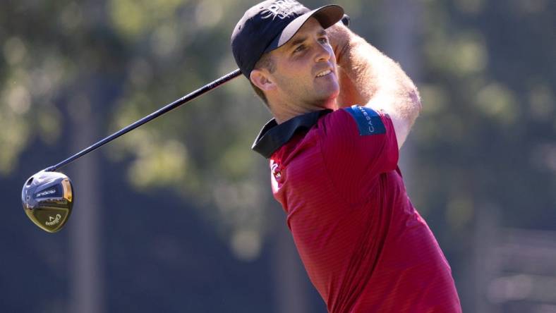 Aug 19, 2022; Wilmington, Delaware, USA; Denny McCarthy plays his shot from the third tee during the second round of the BMW Championship golf tournament. Mandatory Credit: Bill Streicher-USA TODAY Sports