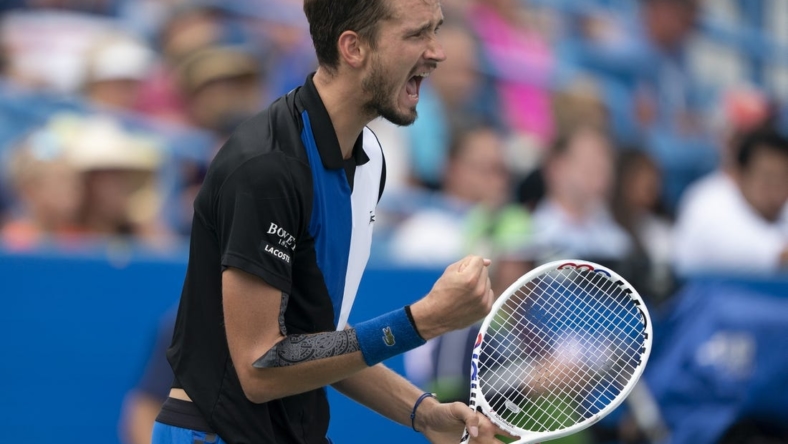 Aug 19, 2022; Cincinnati, OH, USA; Daniil Medvedev (RUS) reacts to the point before he won his match against Taylor Fritz (USA) at the Western & Southern Open at the Lindner Family Tennis Center. Mandatory Credit: Susan Mullane-USA TODAY Sports
