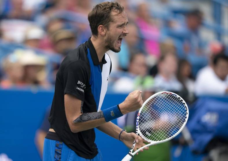 Aug 19, 2022; Cincinnati, OH, USA; Daniil Medvedev (RUS) reacts to the point before he won his match against Taylor Fritz (USA) at the Western & Southern Open at the Lindner Family Tennis Center. Mandatory Credit: Susan Mullane-USA TODAY Sports