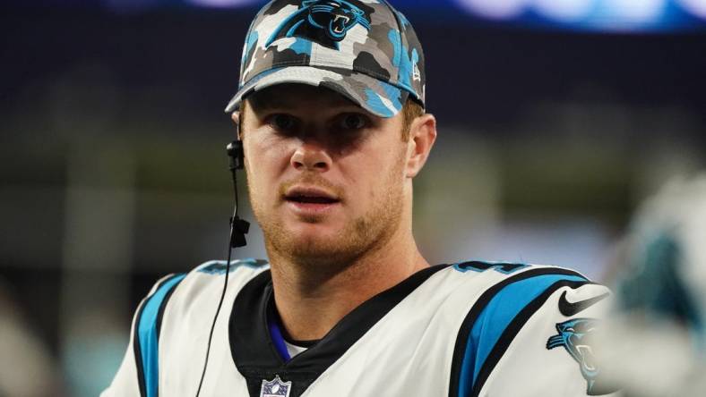 Aug 19, 2022; Foxborough, Massachusetts, USA; Carolina Panthers quarterback Sam Darnold (14) on the sideline as they take on the New England Patriots in the first half at Gillette Stadium. Mandatory Credit: David Butler II-USA TODAY Sports