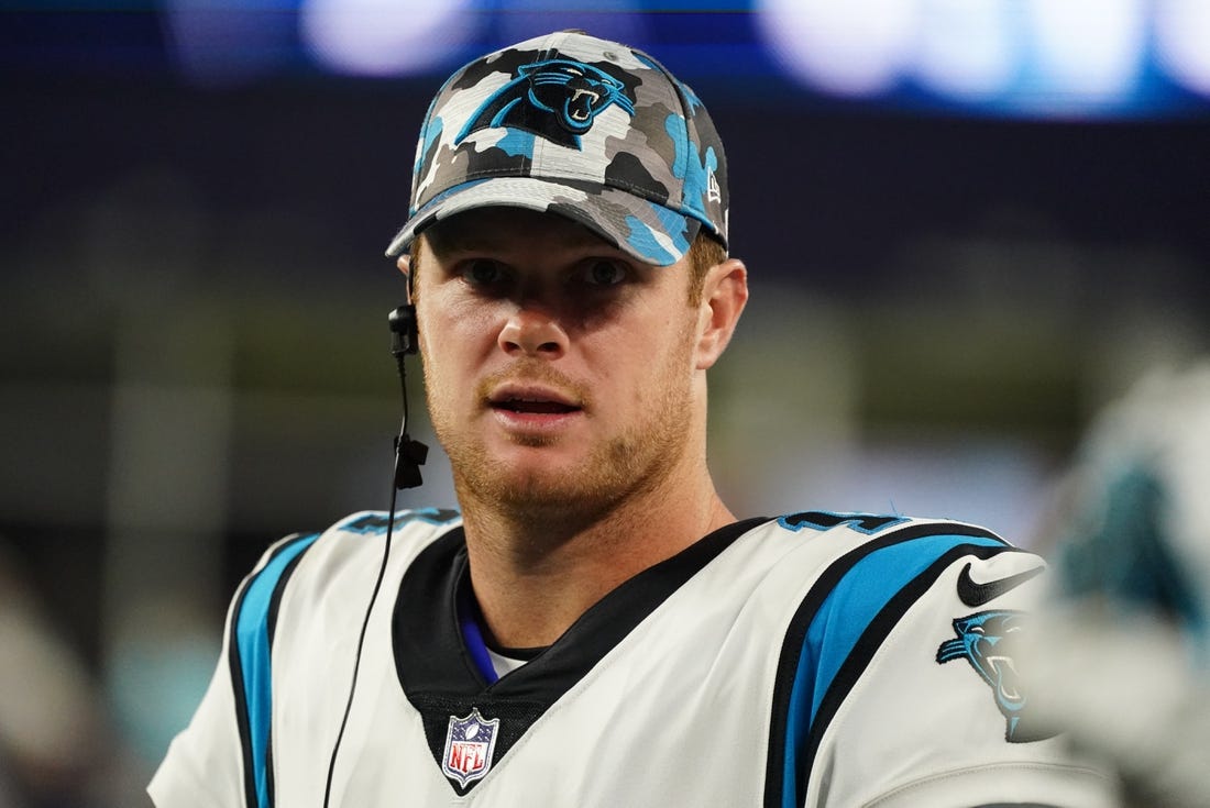 Aug 19, 2022; Foxborough, Massachusetts, USA; Carolina Panthers quarterback Sam Darnold (14) on the sideline as they take on the New England Patriots in the first half at Gillette Stadium. Mandatory Credit: David Butler II-USA TODAY Sports