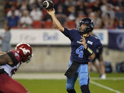 Aug 20, 2022; Toronto, Ontario, CAN; Toronto Argonauts quarterback McLeod Bethel-Thompson (4) throws a pass against the Calgary Stampeders during the second half at BMO Field. Mandatory Credit: John E. Sokolowski-USA TODAY Sports