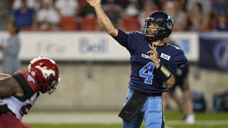 Aug 20, 2022; Toronto, Ontario, CAN; Toronto Argonauts quarterback McLeod Bethel-Thompson (4) throws a pass against the Calgary Stampeders during the second half at BMO Field. Mandatory Credit: John E. Sokolowski-USA TODAY Sports