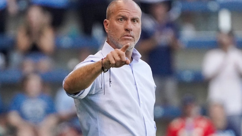 Aug 21, 2022; Kansas City, Kansas, USA; Portland Timbers manager Giovanni Savarese reacts to play against Sporting Kansas City during the first half of the match at Children's Mercy Park. Mandatory Credit: Denny Medley-USA TODAY Sports