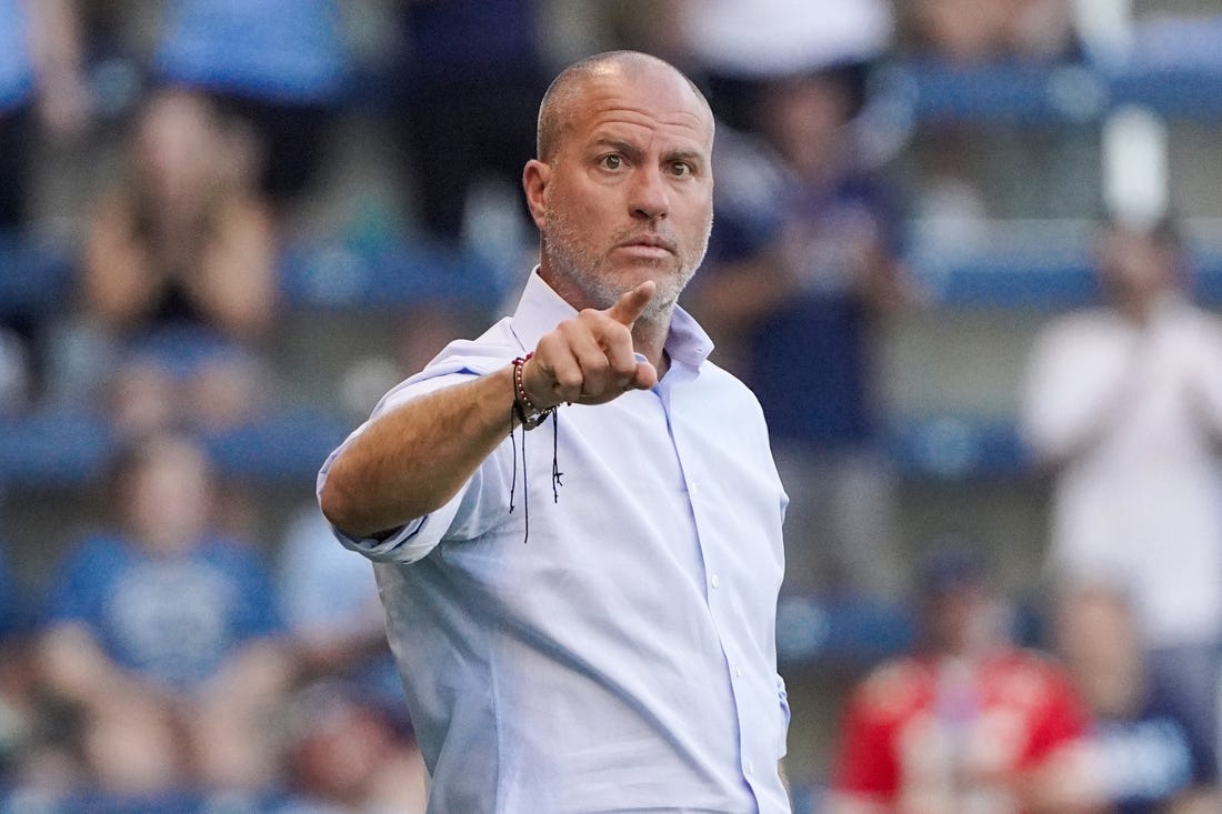 Aug 21, 2022; Kansas City, Kansas, USA; Portland Timbers manager Giovanni Savarese reacts to play against Sporting Kansas City during the first half of the match at Children's Mercy Park. Mandatory Credit: Denny Medley-USA TODAY Sports