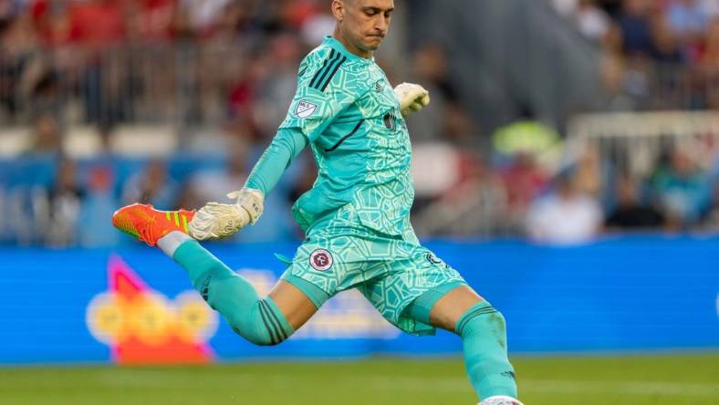 Aug 17, 2022; Toronto, Ontario, CAN; New England Revolution goalkeeper Djordje Petrovic (99) sets to take a goal kick against the Toronto FC during the first half at BMO Field. Mandatory Credit: Kevin Sousa-USA TODAY Sports