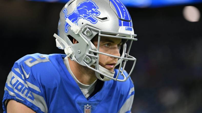 Aug 12, 2022; Detroit, Michigan, USA; Detroit Lions punter Jack Fox (3) in action against the Atlanta Falcons at Ford Field. Mandatory Credit: Lon Horwedel-USA TODAY Sports