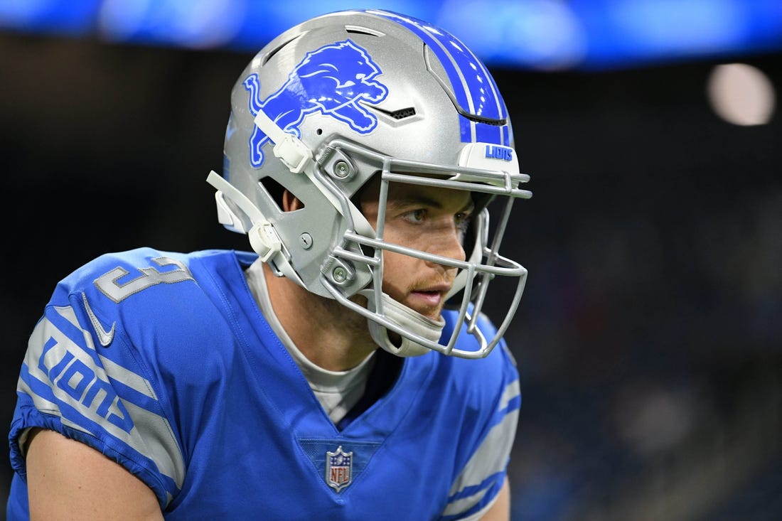 Aug 12, 2022; Detroit, Michigan, USA; Detroit Lions punter Jack Fox (3) in action against the Atlanta Falcons at Ford Field. Mandatory Credit: Lon Horwedel-USA TODAY Sports