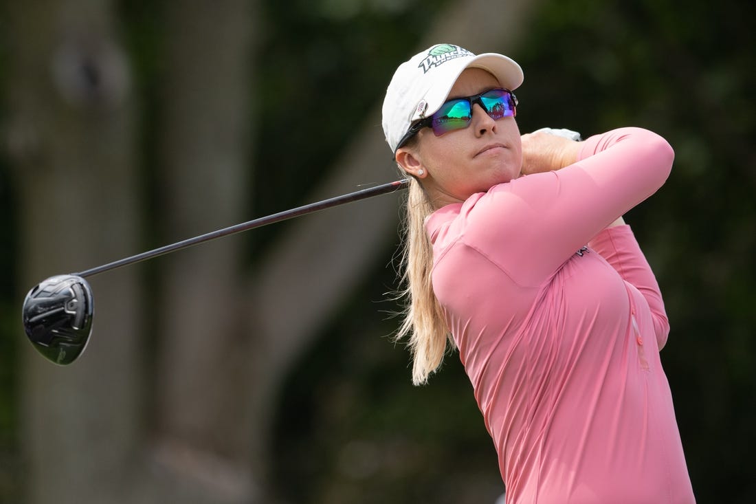 Aug 25, 2022; Ottawa, Ontario, CAN; Jodi Ewart Shadoff of England tees off during the first round of the CP Women's Open golf tournament. Mandatory Credit: Marc DesRosiers-USA TODAY Sports