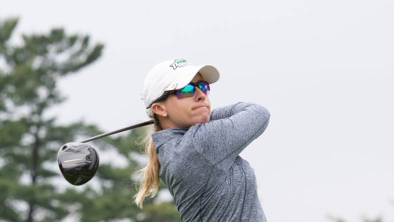 Aug 26, 2022; Ottawa, Ontario, CAN; Jodi Ewart Shadoff fron England tees off during the second round of the CP Women's Open golf tournament. Mandatory Credit: Marc DesRosiers-USA TODAY Sports