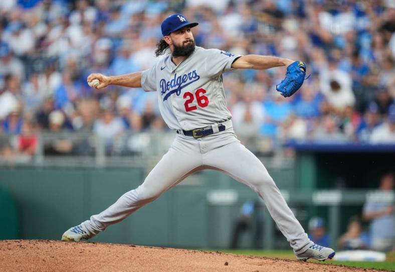 Aug 12, 2022; Kansas City, Missouri, USA; Los Angeles Dodgers starting pitcher Tony Gonsolin (26) pitches against the Kansas City Royals during the first inning at Kauffman Stadium. Mandatory Credit: Jay Biggerstaff-USA TODAY Sports