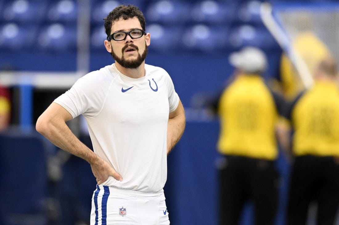 Aug 27, 2022; Indianapolis, Indiana, USA; Indianapolis Colts Rodrigo Blankenship (3) stretches on the field before the game against the Tampa Bay Buccaneers at Lucas Oil Stadium. Mandatory Credit: Marc Lebryk-USA TODAY Sports